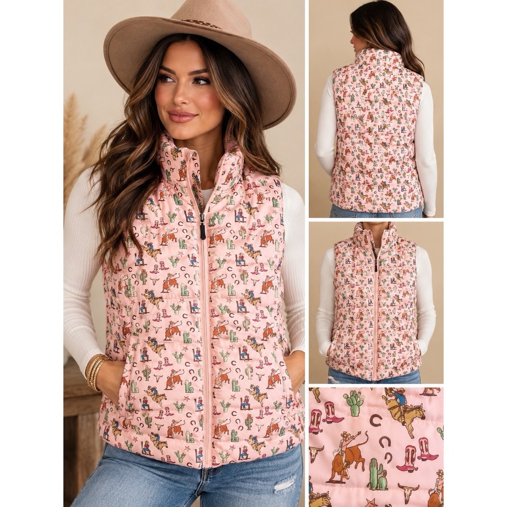 Cowgirl Legend Pink Western Print Quilted Puffer Vest Size L Rodeo Print Pockets